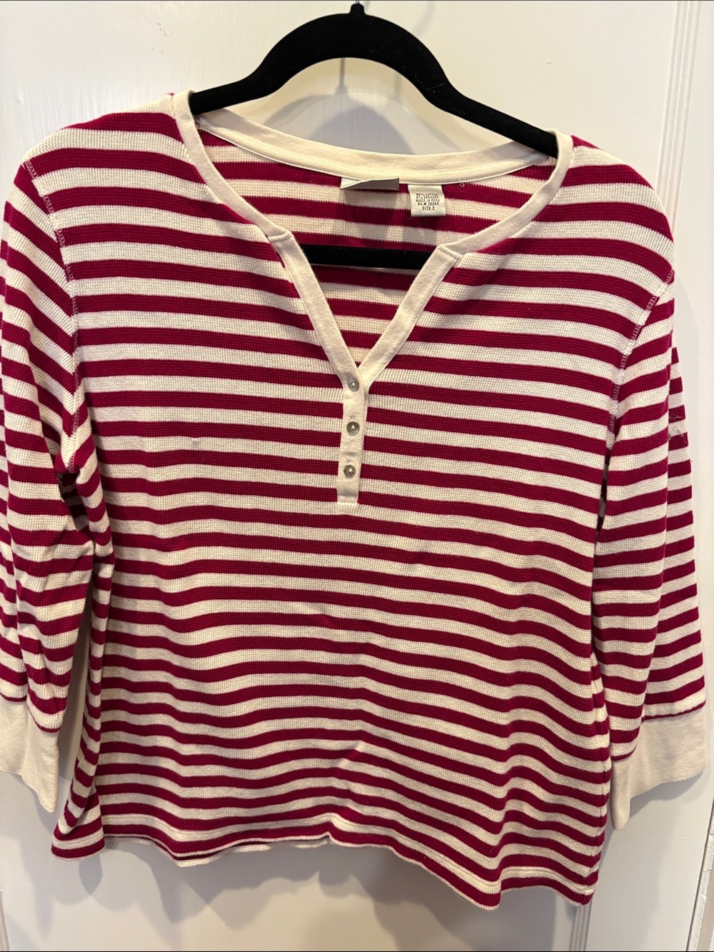 Chico's Cream and Berry Striped Snap-Front Long Sleeve Top BN507